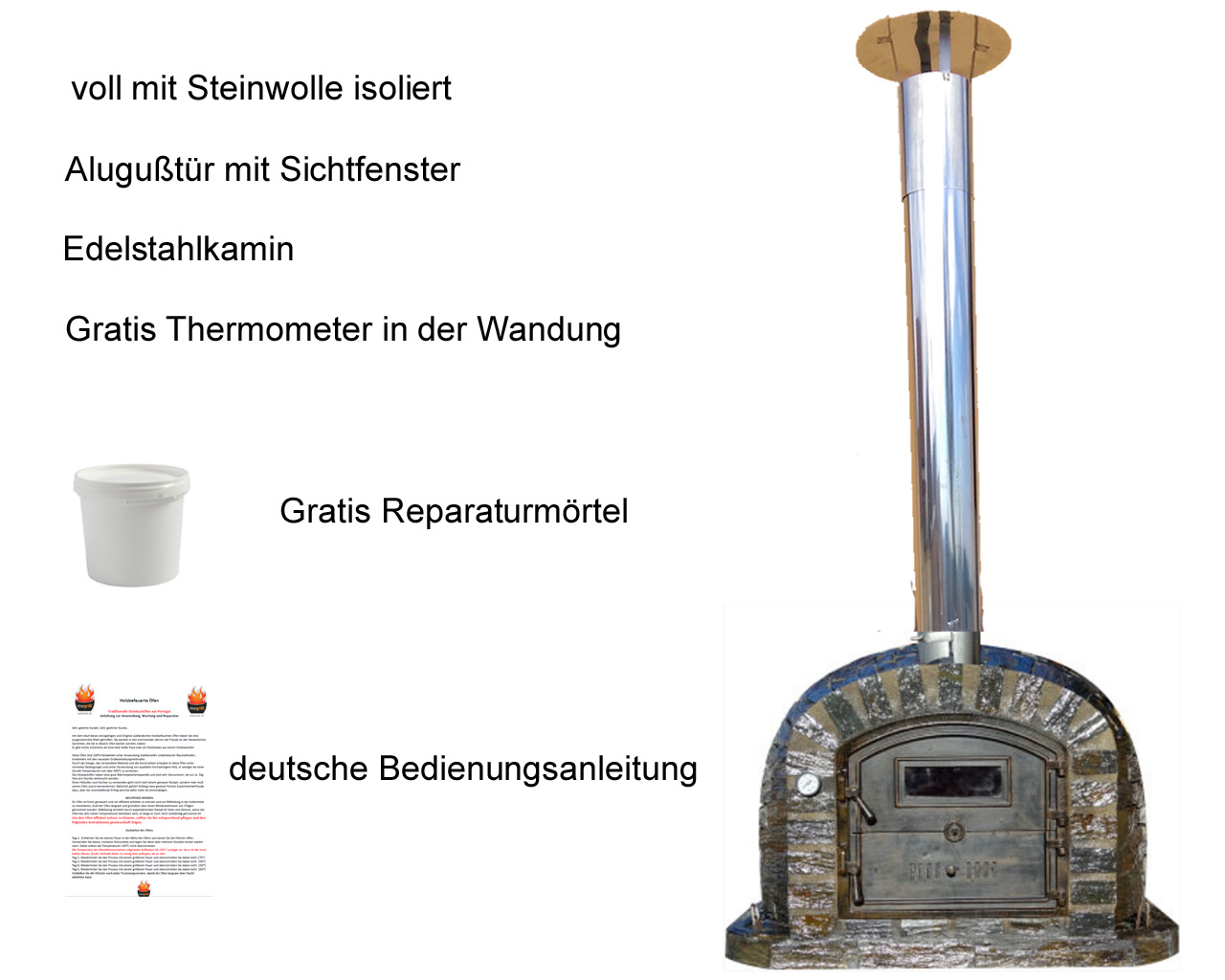 Lieboa Pietra AL mit Edelstahlkamin, Regenhut, Wandthermometer und Reparaturset